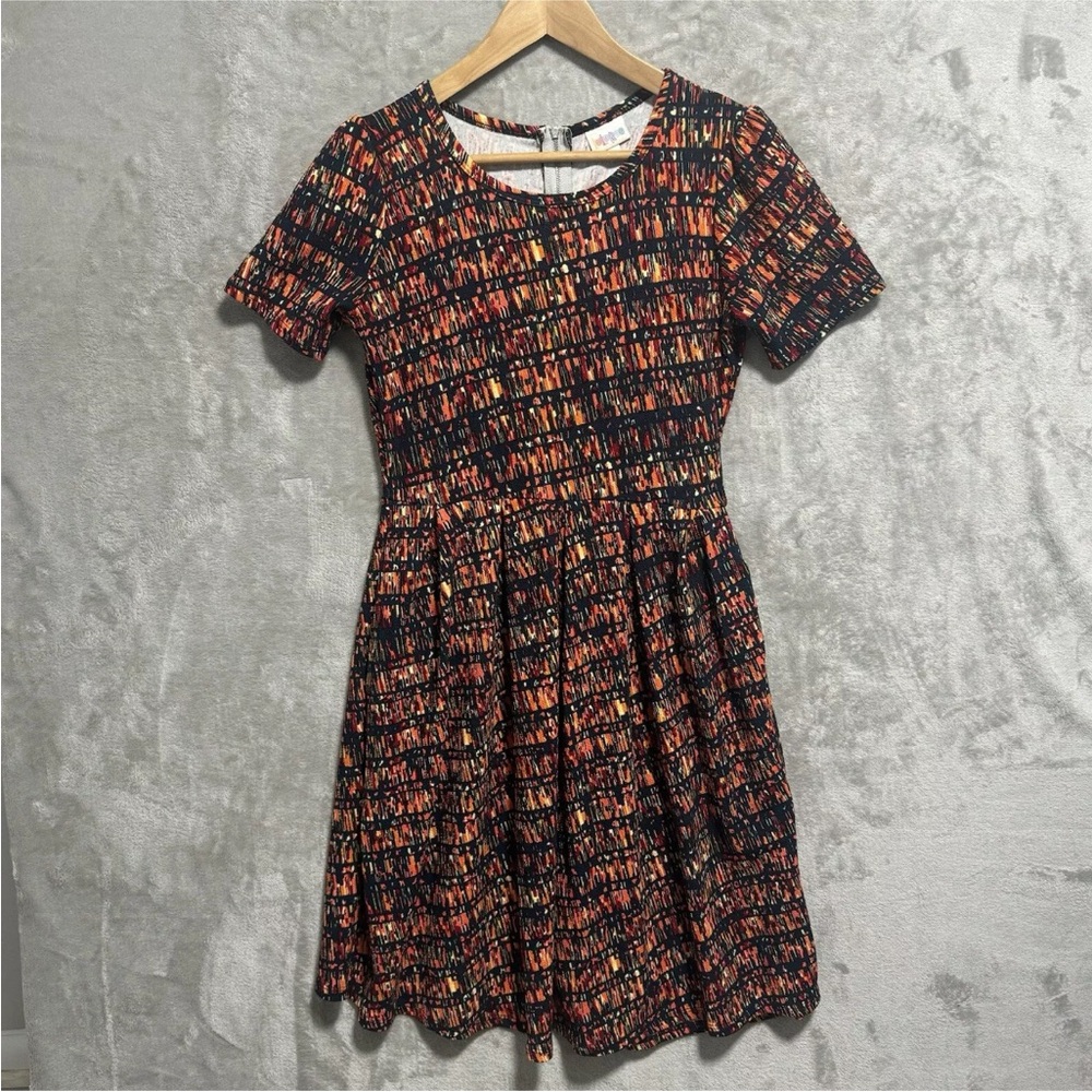 LuLaRoe Women's Size M Amelia Dress  Multicolor Mid Length Fall Colors Geometric
